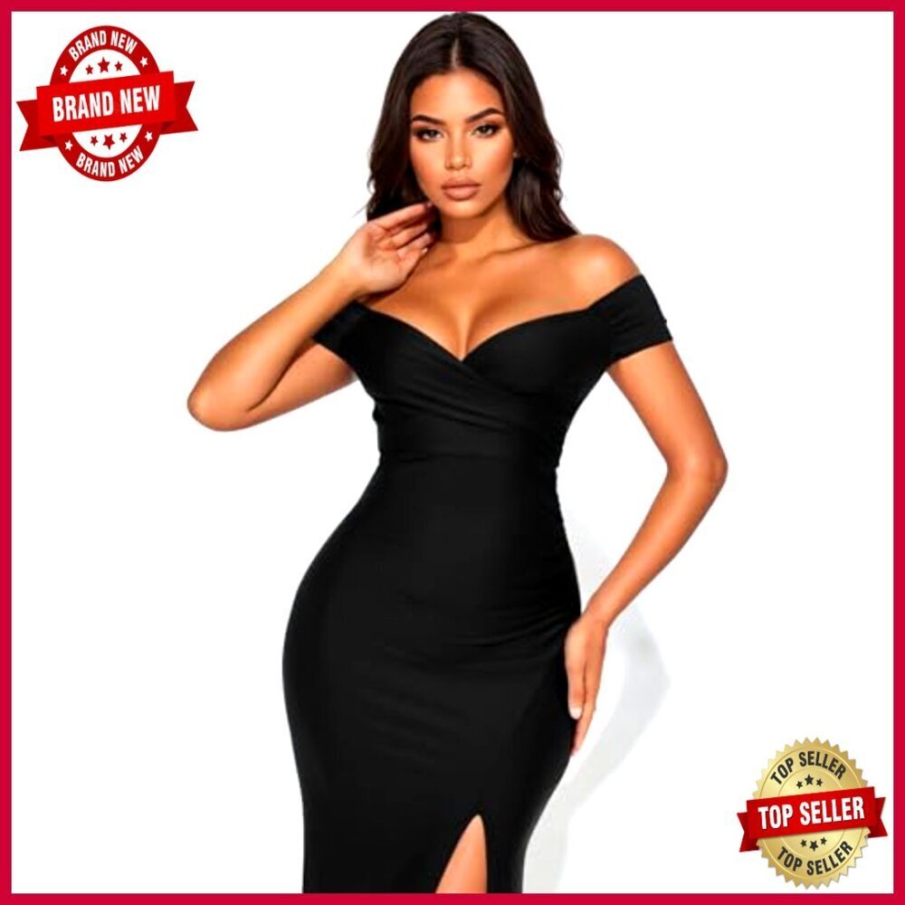 Sexy V Neck Off Shoulder Sleeveless High Split Ruched Cocktail Maxi Dress - Picture 3 of 7